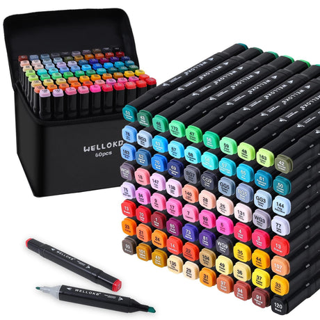 WELLOKB Alcohol Markers Set, 60 colors Alcohol Based Dual Tip, Broad and Brush Tip for Adult Coloring Books, Drawing, Sketching (60) WELLOKB