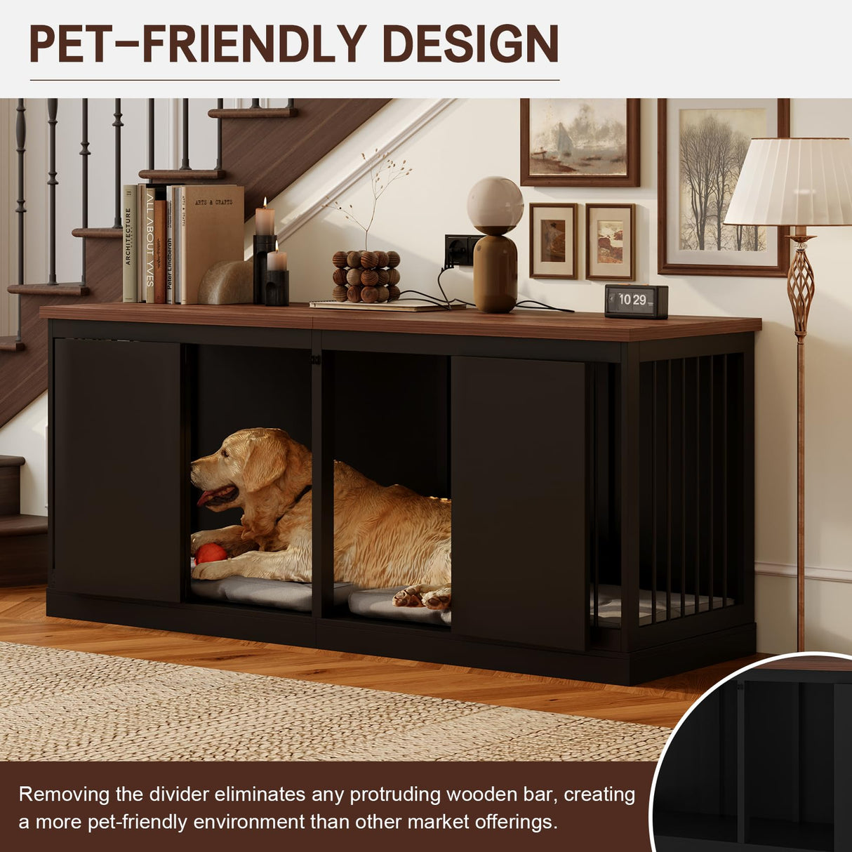 Dog Crate Furniture - Indoor Wooden Dog Kennel Furniture with Room Divider - 71"x23.6"x31.5"H, Black Faceket
