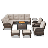 Belord 8 Pieces Patio Conversation Set with 43” Propane Fire Pit Table, Outdoor Sectional Furniture Sofa Set with Removable Cushions for Patio Deck Backyard Brown Belord