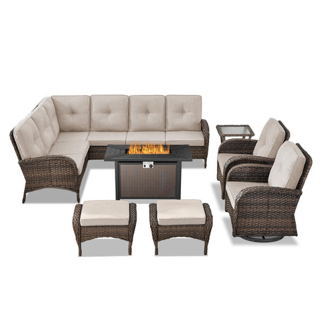 Belord 8 Pieces Patio Conversation Set with 43” Propane Fire Pit Table, Outdoor Sectional Furniture Sofa Set with Removable Cushions for Patio Deck Backyard Brown Belord