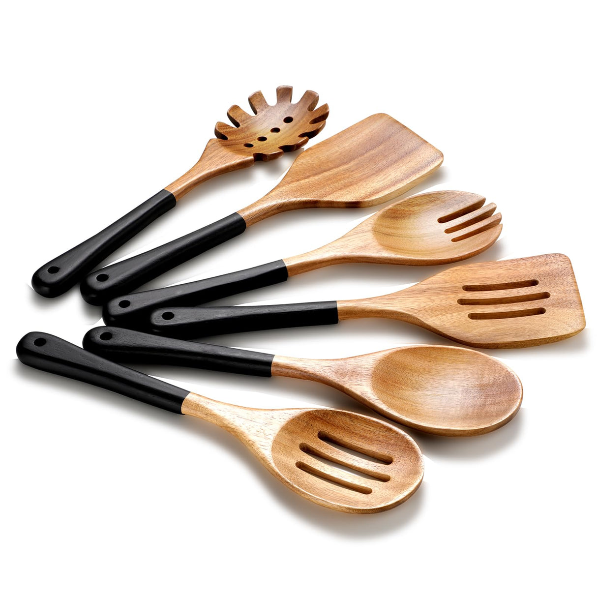 ROSOS Wooden Spoons For Cooking, 6 PCS Natural Acacia Wooden Cooking Utensils or Non-Stick Wooden Kitchen Utensil Set for Kitchen Essentials, Smooth Grip Wooden Cooking Spoons with Hanging Hole, Black ROSOS