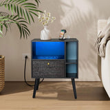 VIWODS Nightstand with Charging Station and LED Lights, Bedside Table with Solid Wood Legs for Bedroom, Black Oak and Blue VIWODS