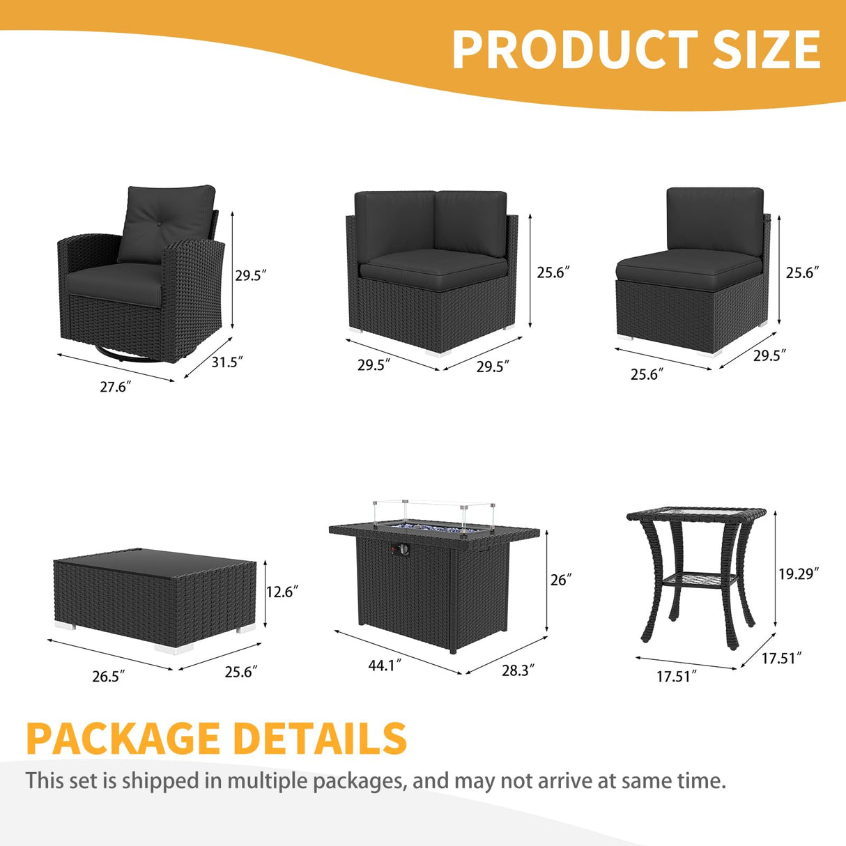 LayinSun 9 Pieces Patio Furniture Set with Fire Pit Table, Black Rattan Modular Sectional Outdoor Conversation Sofa Set, Swivel Rocking Chairs Set LayinSun