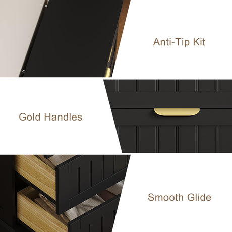 ELUREVIA 5 Wooden Drawer Dresser for Bedroom Storage, Modern Farmhouse Wood Chest of Drawers with Metal Handles, Wide Storage Cabinet for Closet, Living Room, or Entryway Black ELUREVIA
