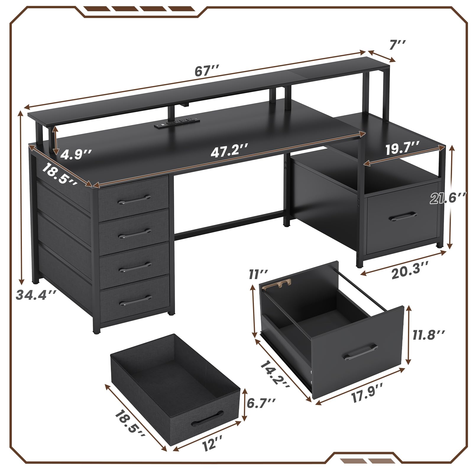 SEDETA Computer Desk with 5 Drawer, Power Outlet & Led Lights, 66'' Home Office Desk with File Drawer, Storage, Monitor Shelf, Gaming Desk, Black - WoodArtSupply