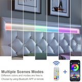 Keyluv Modern Upholstered Queen Bed Frame with LED Lights, Faux Leather Low Profile Platform Bed Frame, Adjustable Crystal Button Tufted Headboard, Strong Wood Slat Support, Easy Assembly, White Keyluv