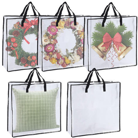 LDXDRU 5 Pack Wreath Storage Container, 26" Christmas Wreath Storage Bag, Clear Plastic Wreath Bags with Sturdy Handles for Holiday Wreaths Storage, Bed Sheet & Blanket LDXDRU
