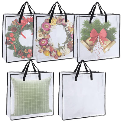 LDXDRU 5 Pack Wreath Storage Container, 26" Christmas Wreath Storage Bag, Clear Plastic Wreath Bags with Sturdy Handles for Holiday Wreaths Storage, Bed Sheet & Blanket
