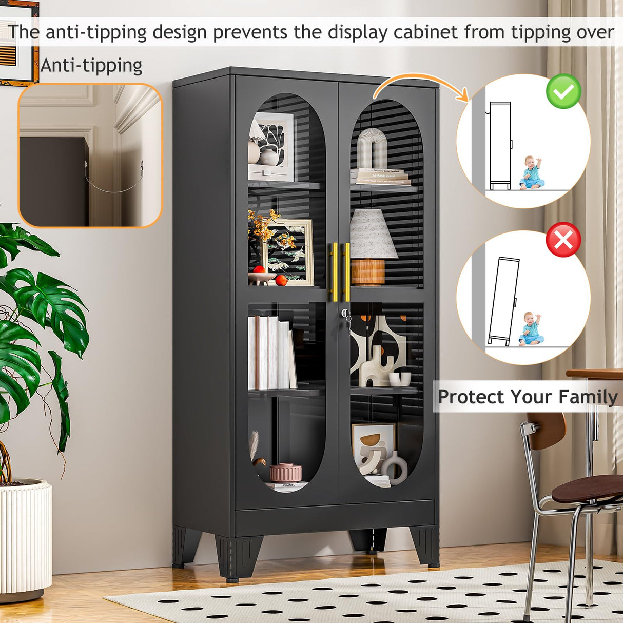 baoliwo 61" H Locking Display Cabinet with Glass Door, Tall Storage Cabinet with 3 Adjustable Shelves, Metal Curio Cabinet Multi-Purpose Display Case for Collectibles Living Room baoliwo