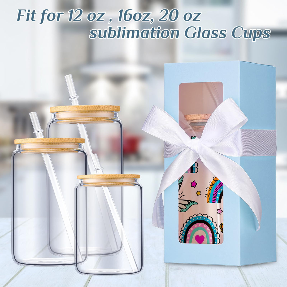 Honoson 24 Pcs Gift Boxes with Ribbon for Sublimation Glass Exhibition Boxes Transparent Gift Box for 12oz 16oz 20oz Drinking Glasses Jars Sublimation Glass Can Blanks Tumbler Gift Box(Light Blue) Honoson