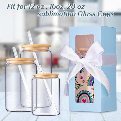 Honoson 24 Pcs Gift Boxes with Ribbon for Sublimation Glass Exhibition Boxes Transparent Gift Box for 12oz 16oz 20oz Drinking Glasses Jars Sublimation Glass Can Blanks Tumbler Gift Box(Light Blue)