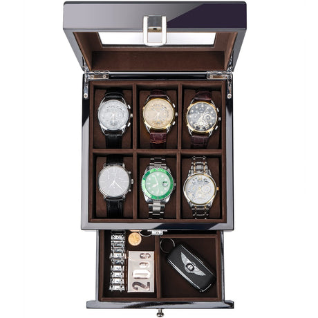 ProCase 6 Slots Lacquered Finish Wooden Watch Box for Men, Men’s Watch Organizer with Glass Top, 2-Tier Display Case for Wristwatch Storage Father's Day Gift -Black ProCase