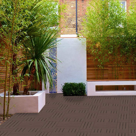 domi outdoor living Patio Deck Tiles, 12 x 12 inches Composite Interlocking Decking Tile, Four Slat Plastic Outdoor Flooring, 27 Pieces One Pack, Dark Brown domi outdoor living