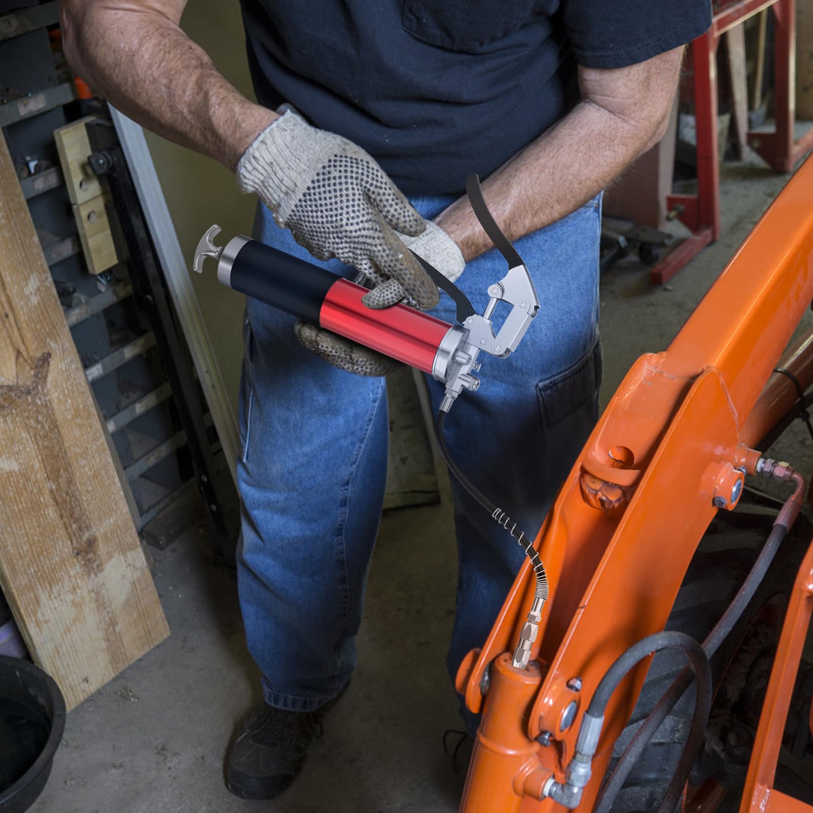 GATTLELIC 8000 PSI Heavy Duty Grease Gun Kit - 14oz with Flex Hose, Sharp Nozzle, Extension Pipe & Coupler, Red - WoodArtSupply