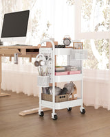 ALVOROG 3 Tier Rolling Cart with DIY Pegboards Metal Utility Cart with Wheels Handles Baskets Hooks, Storage Cart for Office Kitchen Bathroom(White) ALVOROG