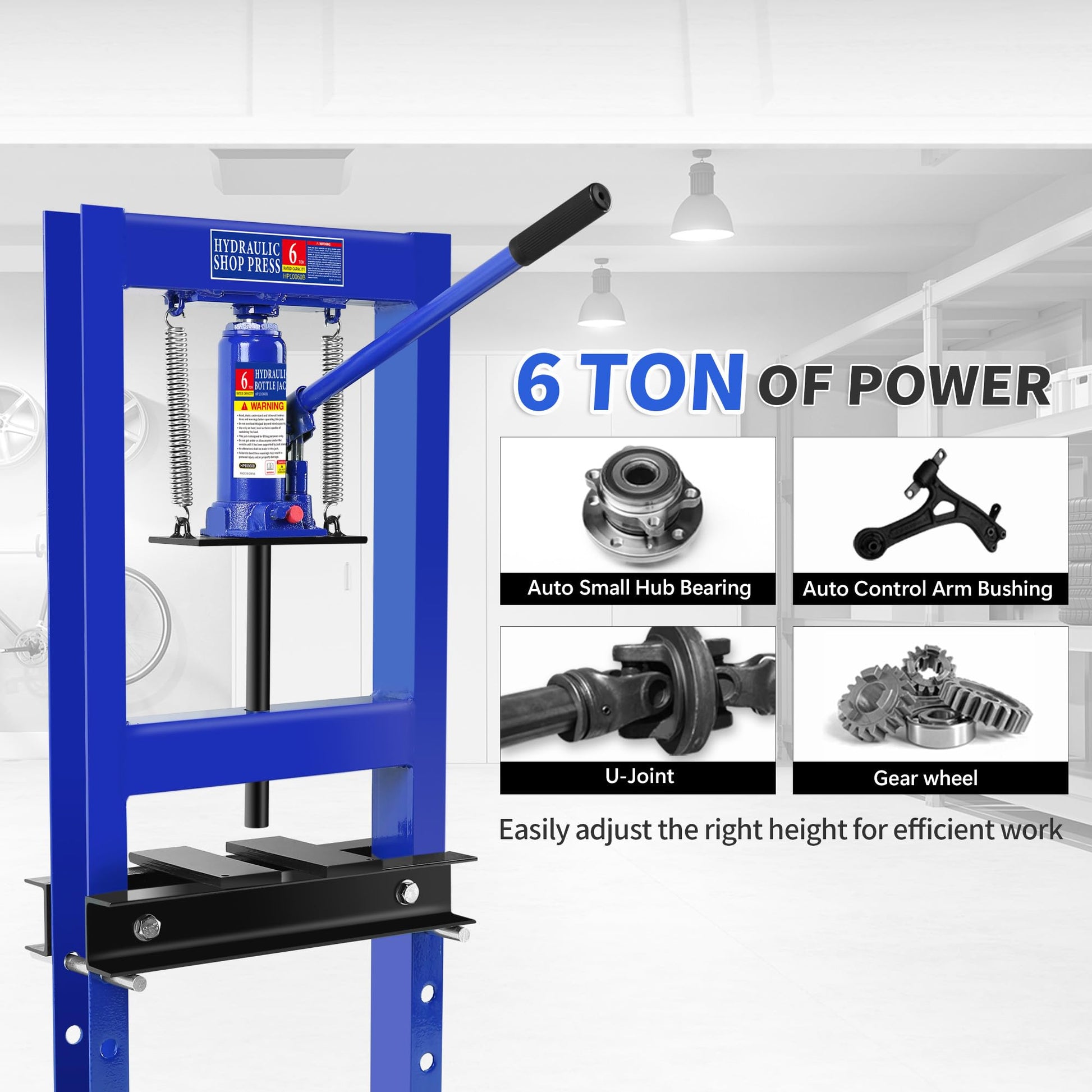 6 Ton Hydraulic Press, H-Frame Garage Floor Adjustable Shop Press with Stamping Plates to Bend, Straighten, Or Press Parts, Install Bearings & U-Joints - WoodArtSupply