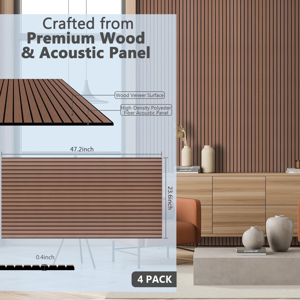 BUBOS 4 Pack Large Acoustic Panels,47.2"x23.6"Acoustic Wall Panels,Self-Adhesive Sound Proof Panels for Walls,Decorative Soundproof Panels for Recording Studio&Office,Walnut BUBOS
