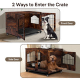 Snowtaros Dog Crate Furniture, Wooden Dog Kennel with 360° Rotatable Bowls, Heavy Duty Dog Crate with Double Doors, Dog Cage End Table Indoor with Removable Tray Swiveling Wheels for Small Medium Dogs Snowtaros