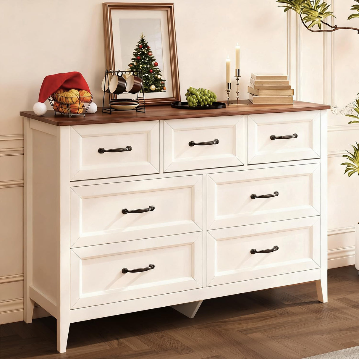 Gizoon Farmhouse 7 Drawers Dresser, White Chest of Drawers with Metal Handles, 47" Wide Wooden Storage Organizer for Bedroom, Hallway, Living Room, Tabletop-Retro Gizoon