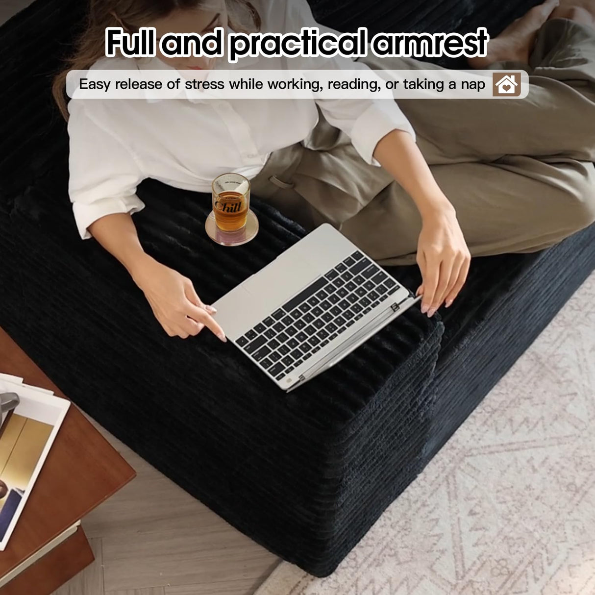 107" Comfy U-Shaped Sectional Modern Boneless Corduroy Couch with Chaise ‌and Ottoman‌ - No Assembly Required! Deep-Seat, Upholstered Modular Cloud Sofa for Living Room, Plush Corduroy Fabric(Black) COZYCC