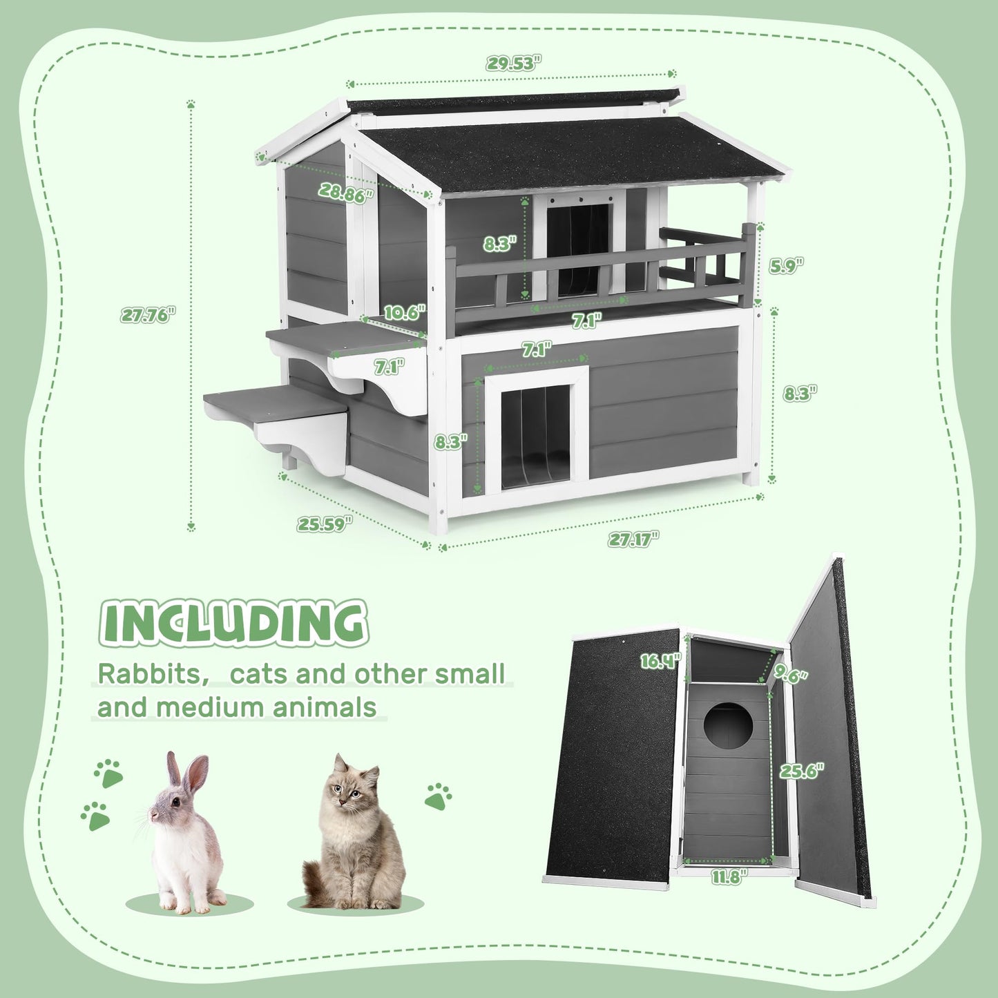 Oakcloud Outdoor Cat House Shelter Weatherproof, 2-Story Feral Cat Patio with Clamshell Asphalt Roof and Door with PVC Curtain, Wooden Cat Condos Provide All-Season Protection