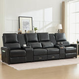 DRMBOOK 118'' RV 4 Seater Recliner Sofa, Faux Leather Three Camper Couch 4 Seater Recliner, Home Movie Theater Seating Chair, 4 Person Push Back Recliners for Living Room, Black DRMBOOK