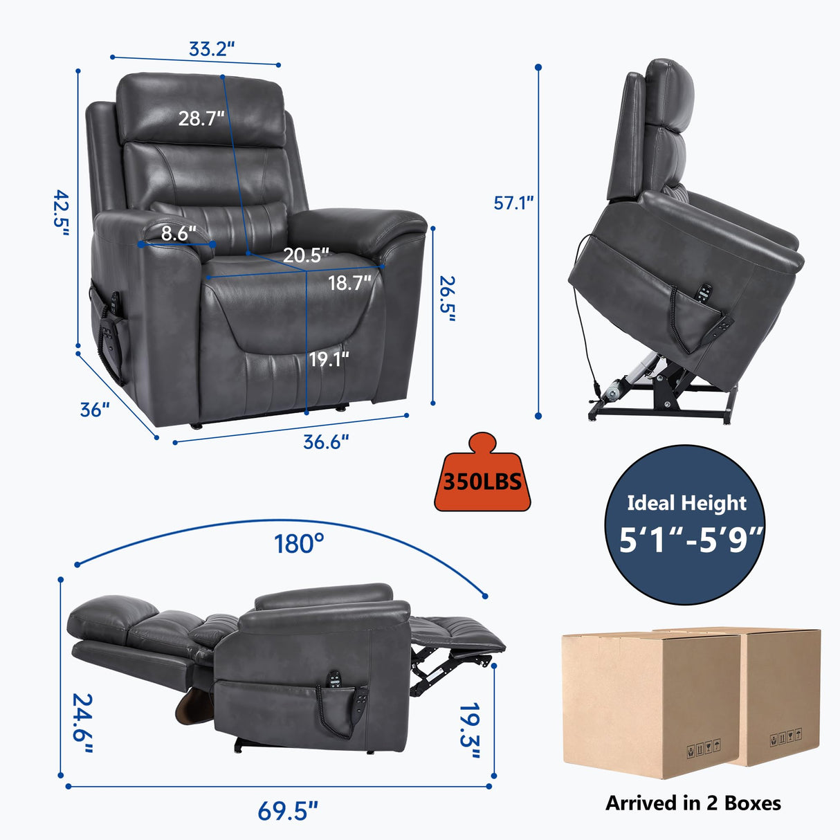 cinkehome Dual Motor Lift Recliner with Heat and Massage for Elderly, Small Power Lift Chairs with Remote Control & Lumbar Support, Infinite Position Lifting Recliner for Living Room, Dark Grey cinkehome