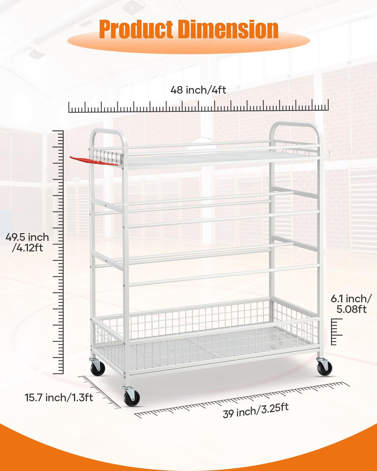 EXTCCT Garage Sports Equipment Organizer - Rolling Ball Storage Bin with Wheels, Garage Sports Gear Rack Outdoor Basketball Racks for Balls with Baseball Bat Holder and Hooks, Toy Organizer(White) EXTCCT