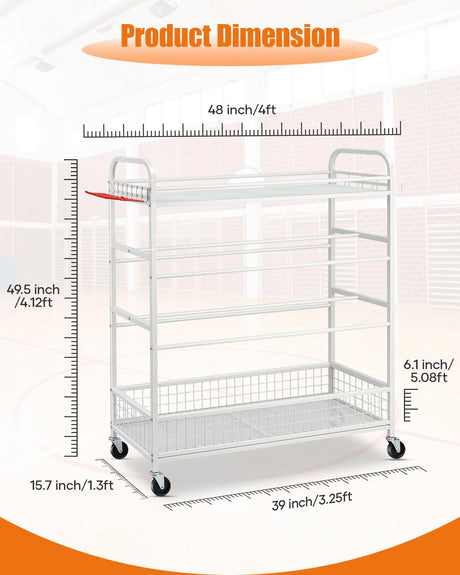 EXTCCT Garage Sports Equipment Organizer - Rolling Ball Storage Bin with Wheels, Garage Sports Gear Rack Outdoor Basketball Racks for Balls with Baseball Bat Holder and Hooks, Toy Organizer(White) EXTCCT