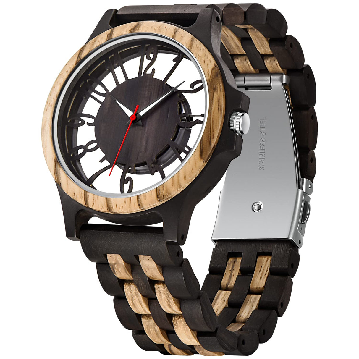 Realpo Men's Transparent Cover Black Dial Wood Watch, Hollow Arabic Digital Dial Quartz Wooden Men's Watch, Natural Wooden Watch Band Men's Watch - Black Realpoo