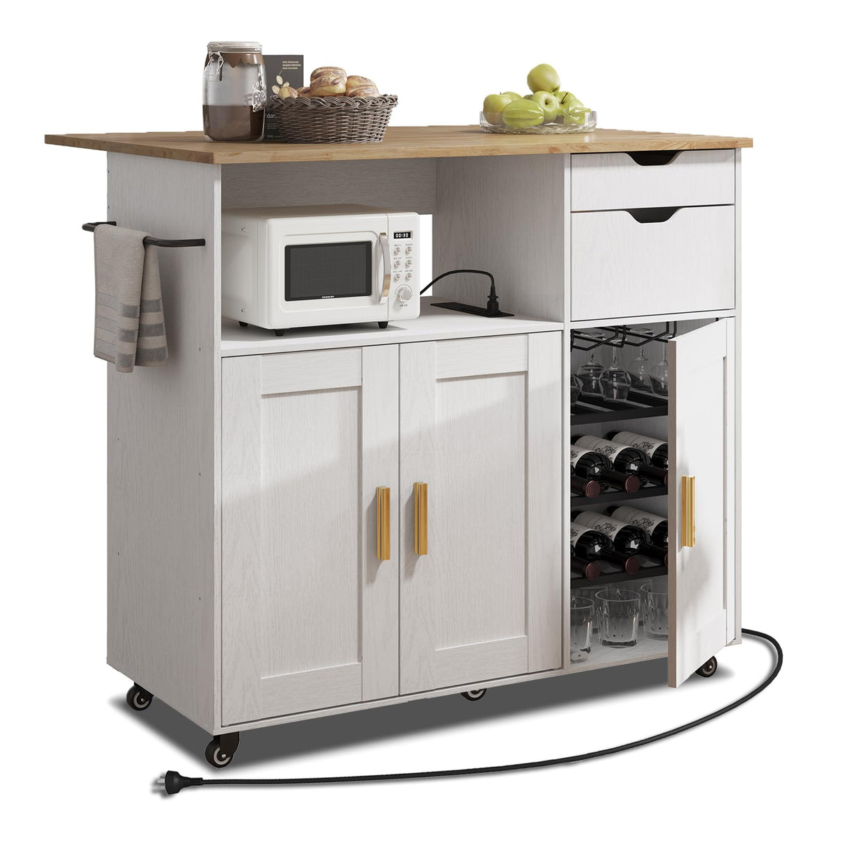 ASTRONAPE Rolling Mobile Kitchen Island Cart Bar with Drawer and Desktop Drop Leaf Countertop, Island Table Storage with 5 Wheels, Rolling Kitchen Cabinet with Power Socket and Towel Rack ASTRONAPE