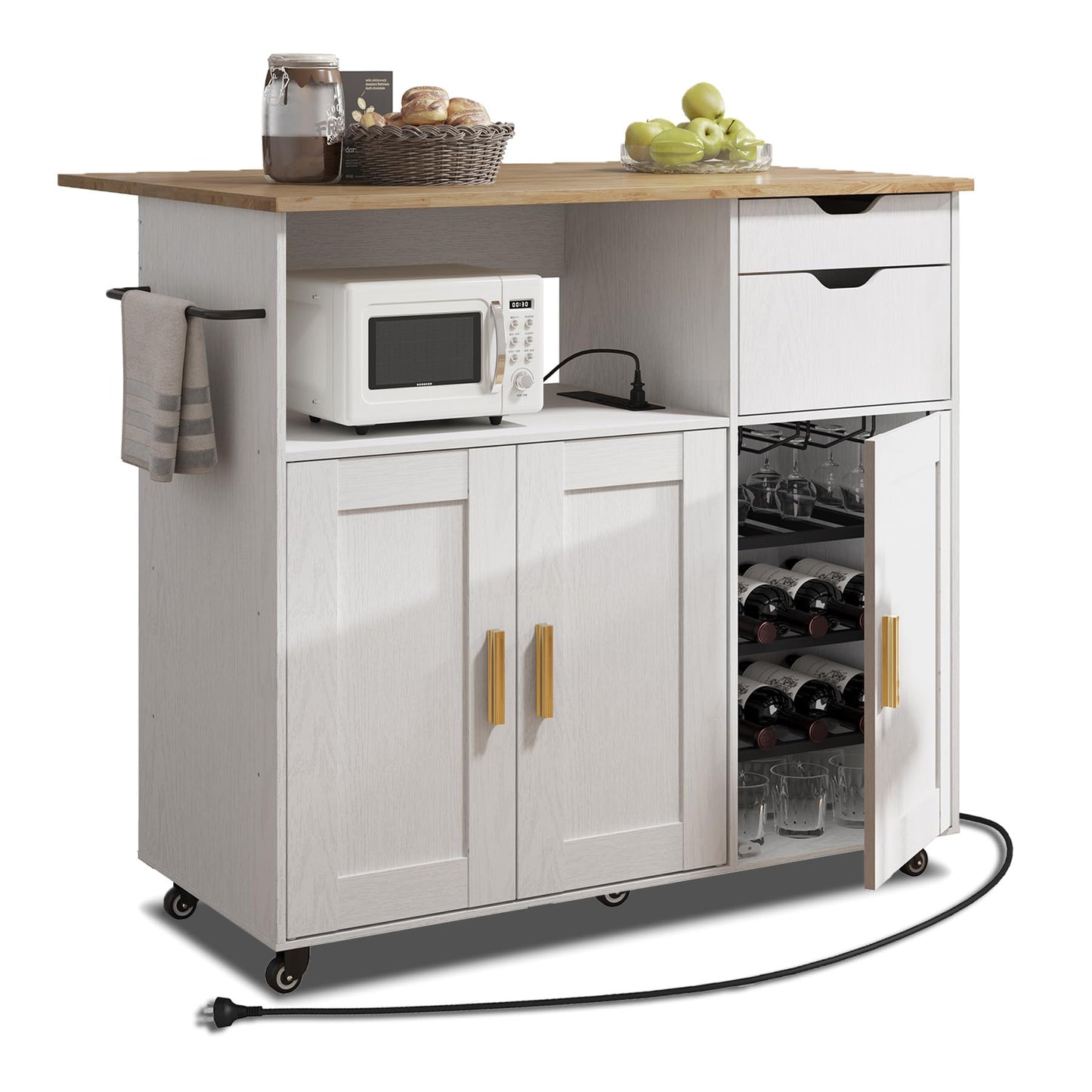 ASTRONAPE Rolling Mobile Kitchen Island Cart Bar with Drawer and Desktop Drop Leaf Countertop, Island Table Storage with 5 Wheels, Rolling Kitchen Cabinet with Power Socket and Towel Rack