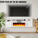 LEMBERI Floating Fireplace TV Stand 70'' Wall Mounted Shelf, LED Light Entertainment Center and Storage, Modern Wood Media TV Console with Highlight (White with White Fireplace) LEMBERI