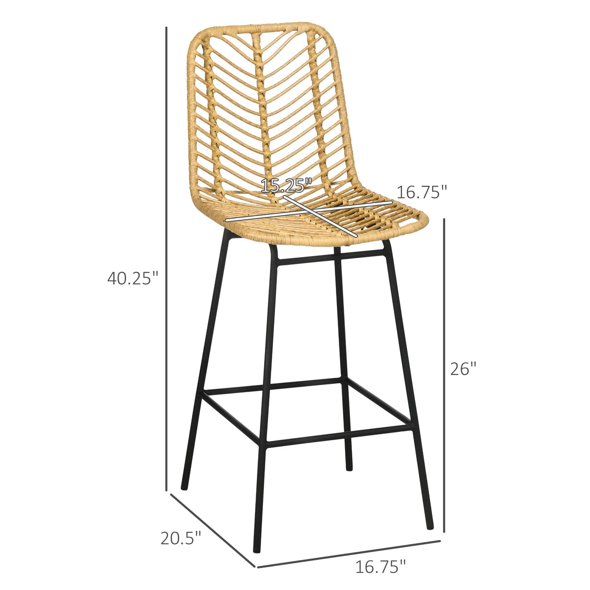 HOMCOM Rattan Bar Stools Set of 2, 26" Counter Height Barstools, Boho Kitchen Island Stools with Breathable Wicker Seat and Back, Yellow HOMCOM