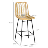 HOMCOM Rattan Bar Stools Set of 2, 26" Counter Height Barstools, Boho Kitchen Island Stools with Breathable Wicker Seat and Back, Yellow HOMCOM