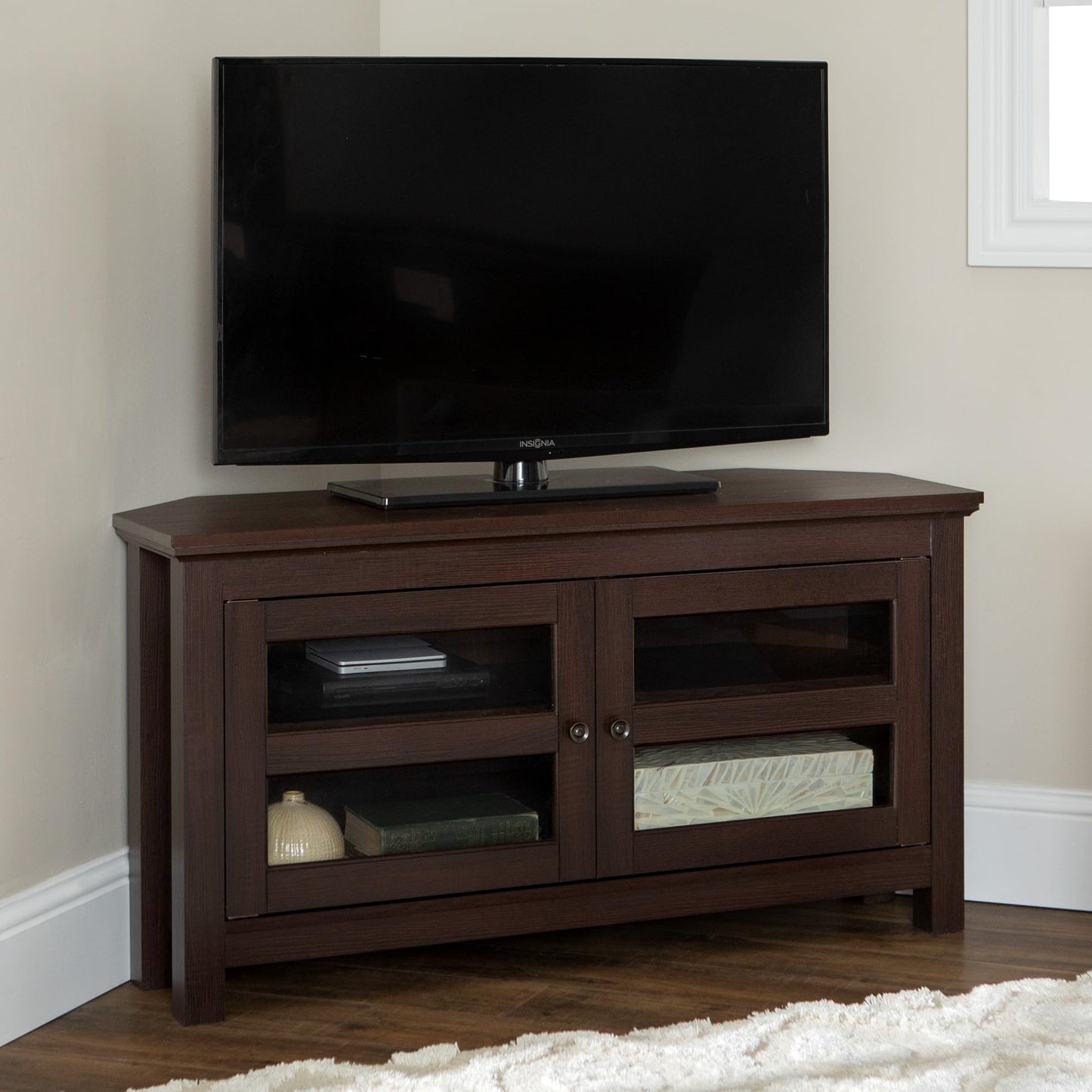 Walker Edison Modern Farmhouse Wood Corner Universal TV Stand for TV's up to 50" Flat Screen Living Room Storage Entertainment Center, 44 Inch, Espresso Brown