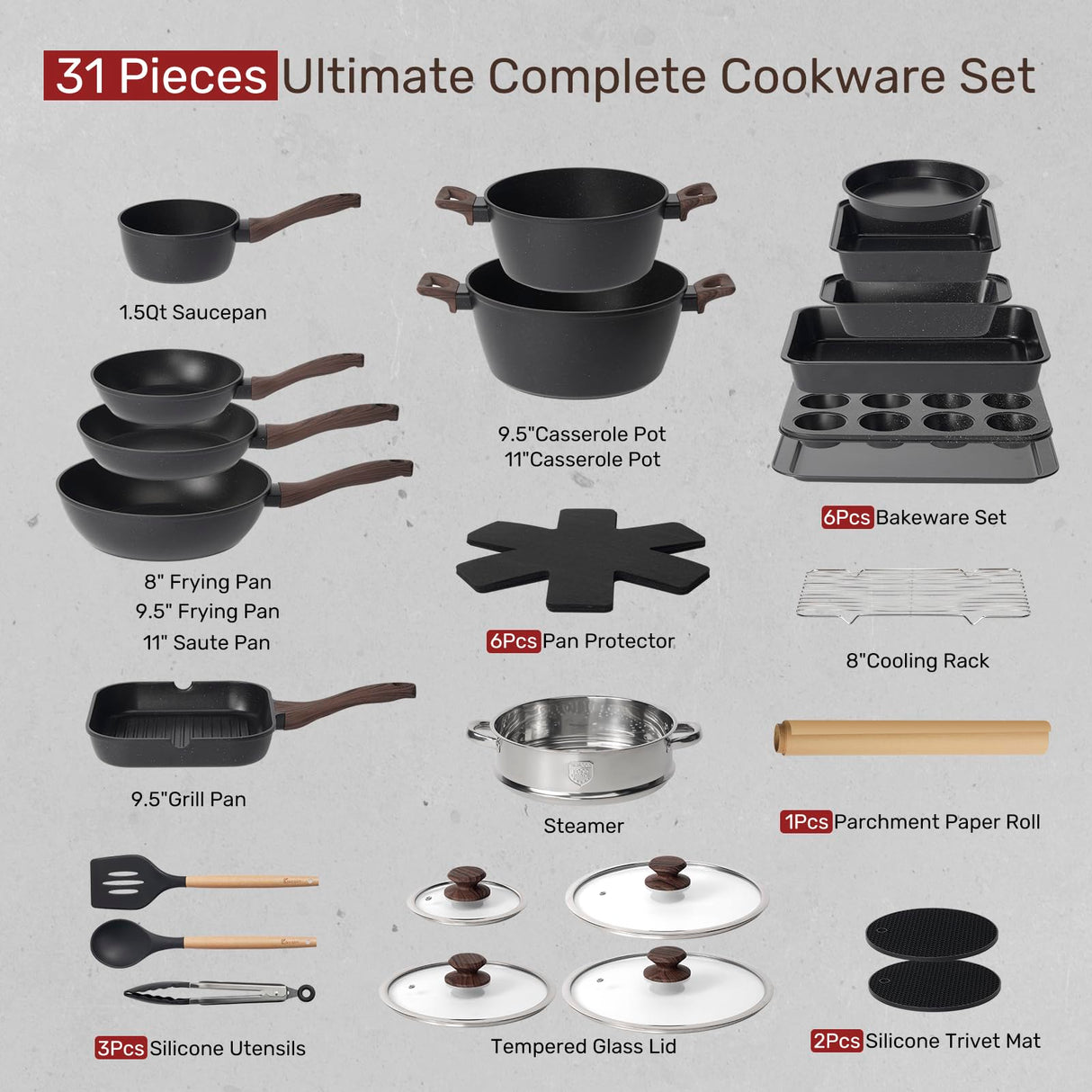 Kikcoin 31 Pcs Kitchen Cookware Set, Non Stick Pots and Pans Set Bakeware Set Nonstick Cooking Set with Baking Pans, Frying Pans, Saucepan, Grill Pan, Utensils Kikcoin