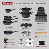 Kikcoin 31 Pcs Kitchen Cookware Set, Non Stick Pots and Pans Set Bakeware Set Nonstick Cooking Set with Baking Pans, Frying Pans, Saucepan, Grill Pan, Utensils Kikcoin
