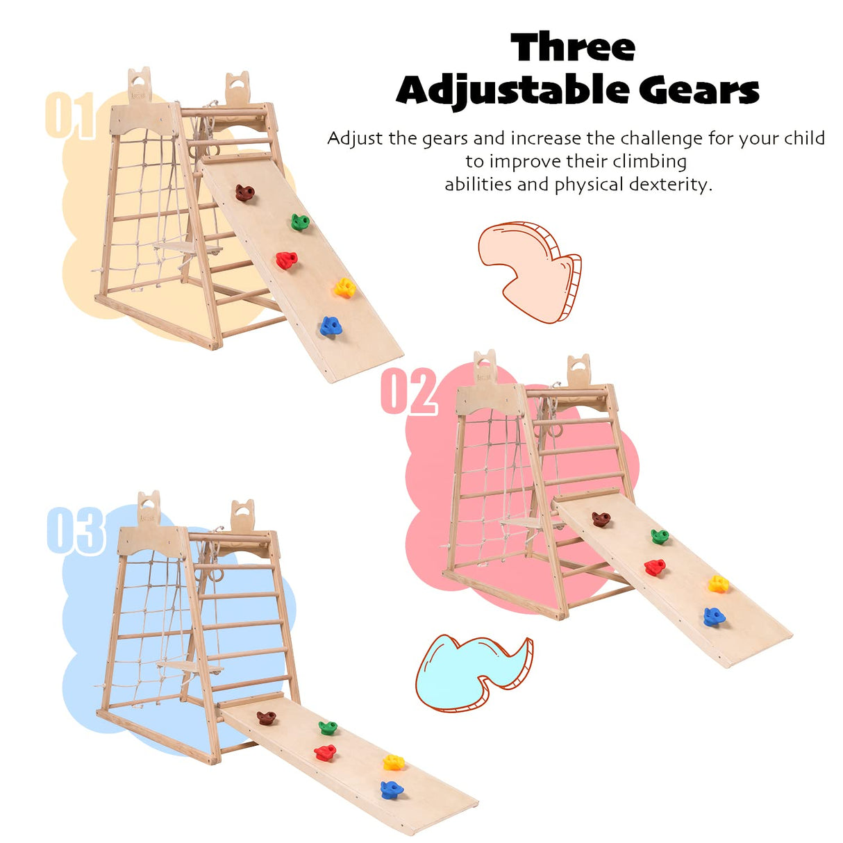 Ascism Jungle Gym Indoor (8 in 1) Wooden Indoor Playground, Toddler Wooden Climbing Toys, Montessori Playset, Gym with Slide, Climbing Net, Swing, Tent, Gymnastics Ring… Ascism