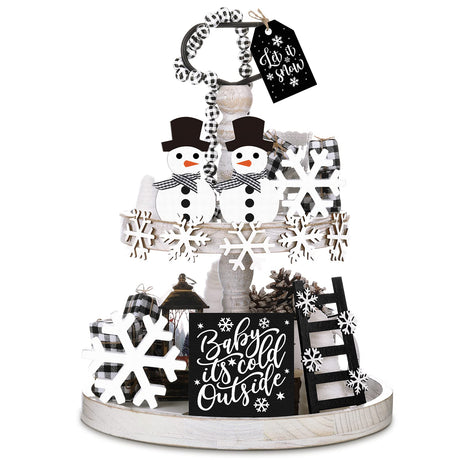 12 Pieces Christmas Winter Tiered Tray Decor Set Snowman Snowflake Table Wood Sign Farmhouse Tabletop Signs for Xmas Winter Home Table Holiday Yalikop