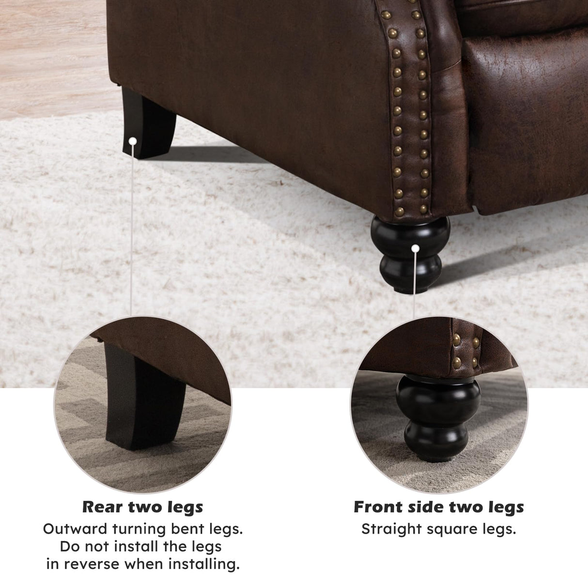 IOMOR Push Back Recliner Chair Faux Leather Lounge Armchair with Rivet Decoration Wingback Single Sofa Chair with Padded Seat Solid Wood Legs for Living Room, Comfy Upholstered, Red Brown IOMOR