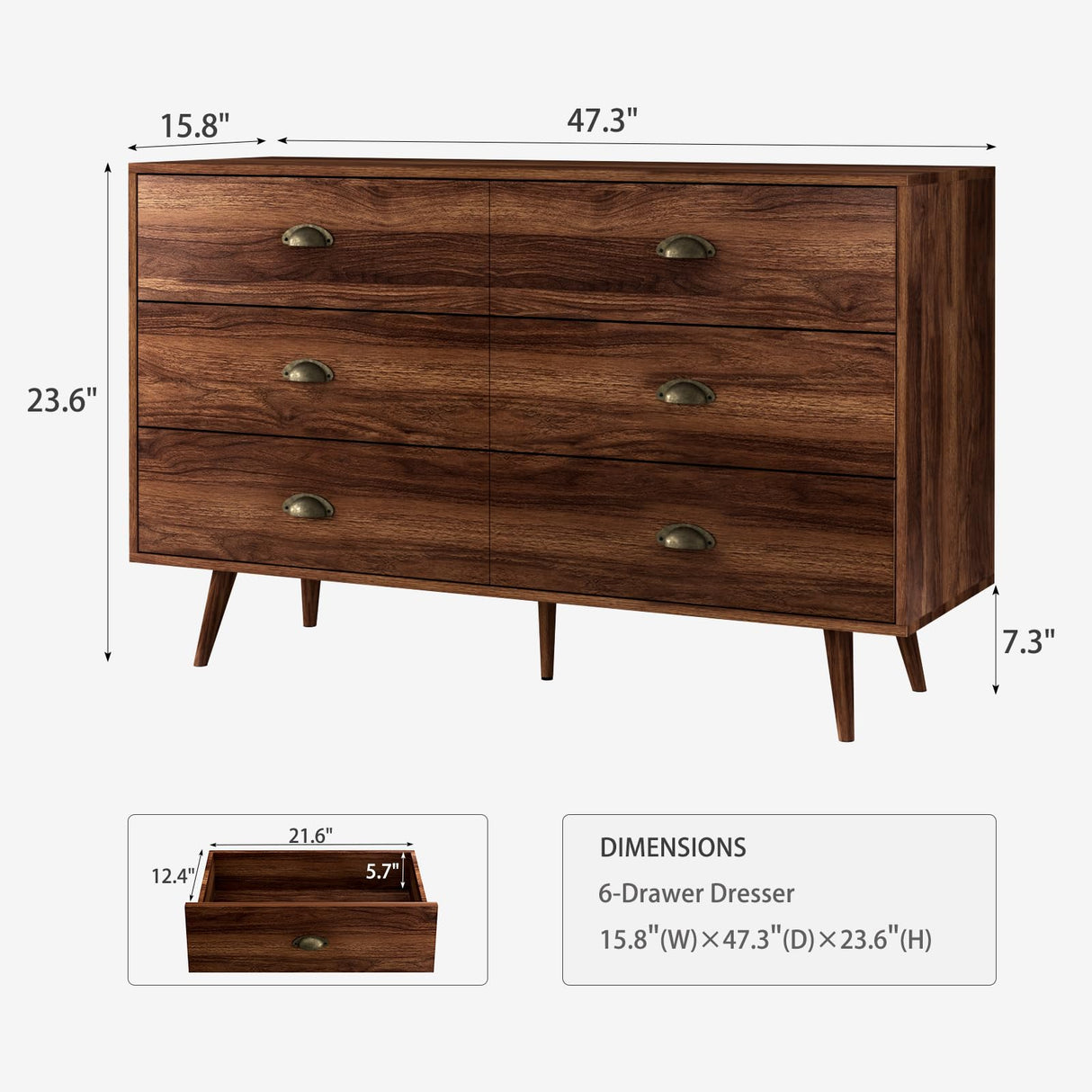 CARPETNAL Walnut Brown Dresser for Bedroom, 6 Drawer Dresser with Wide Drawers and Metal Knob, Wood Dressers & Chest of Hallway, Entryway. CARPETNAL