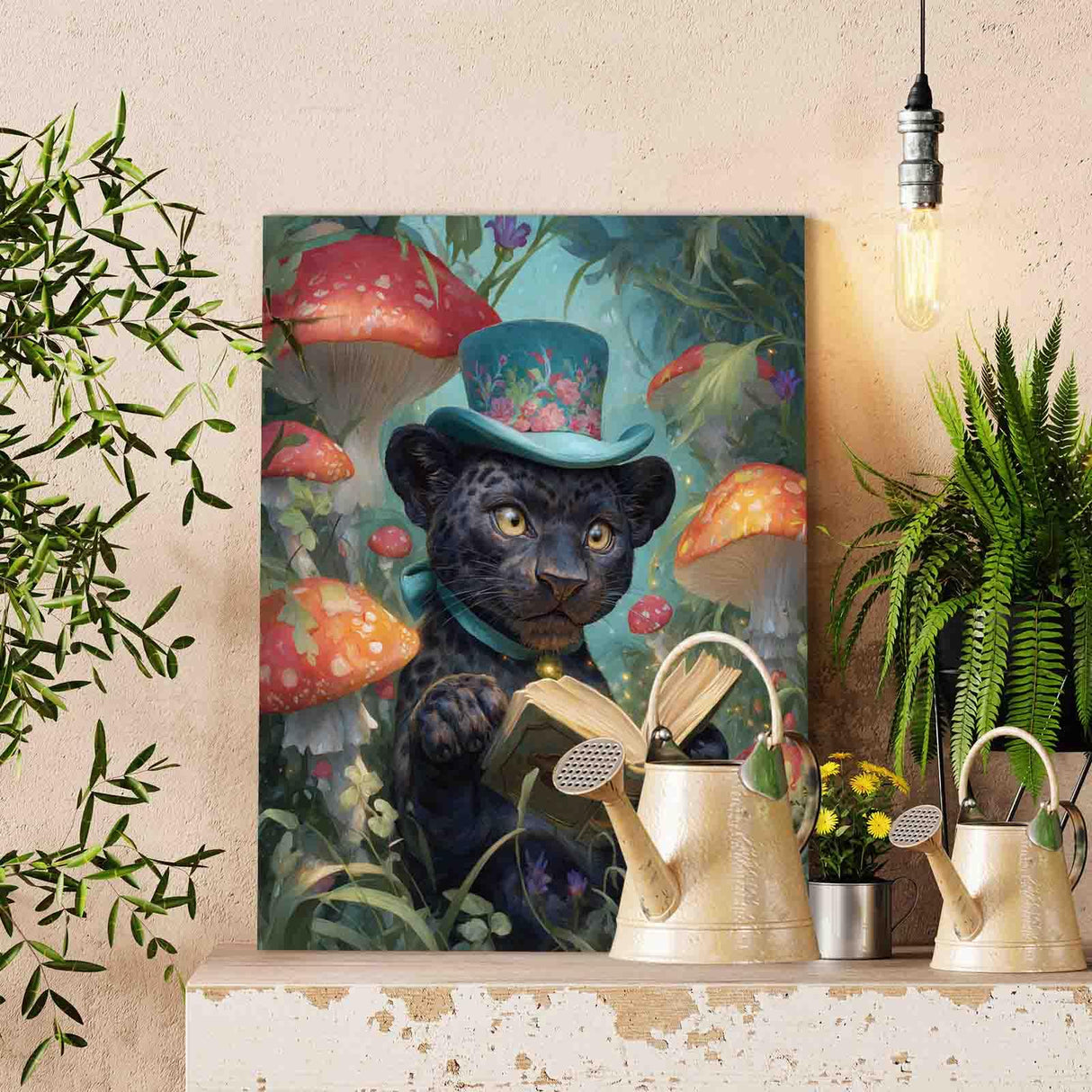 Panther Reading Book DIY Paint by Numbers for Adults Mushrooms Forest Paint by Number Kit on Canvas with Brushes and Pigment for Beginners Animal Home Wall Decor Gifts 16"x20" (Frameless) Aihonmin