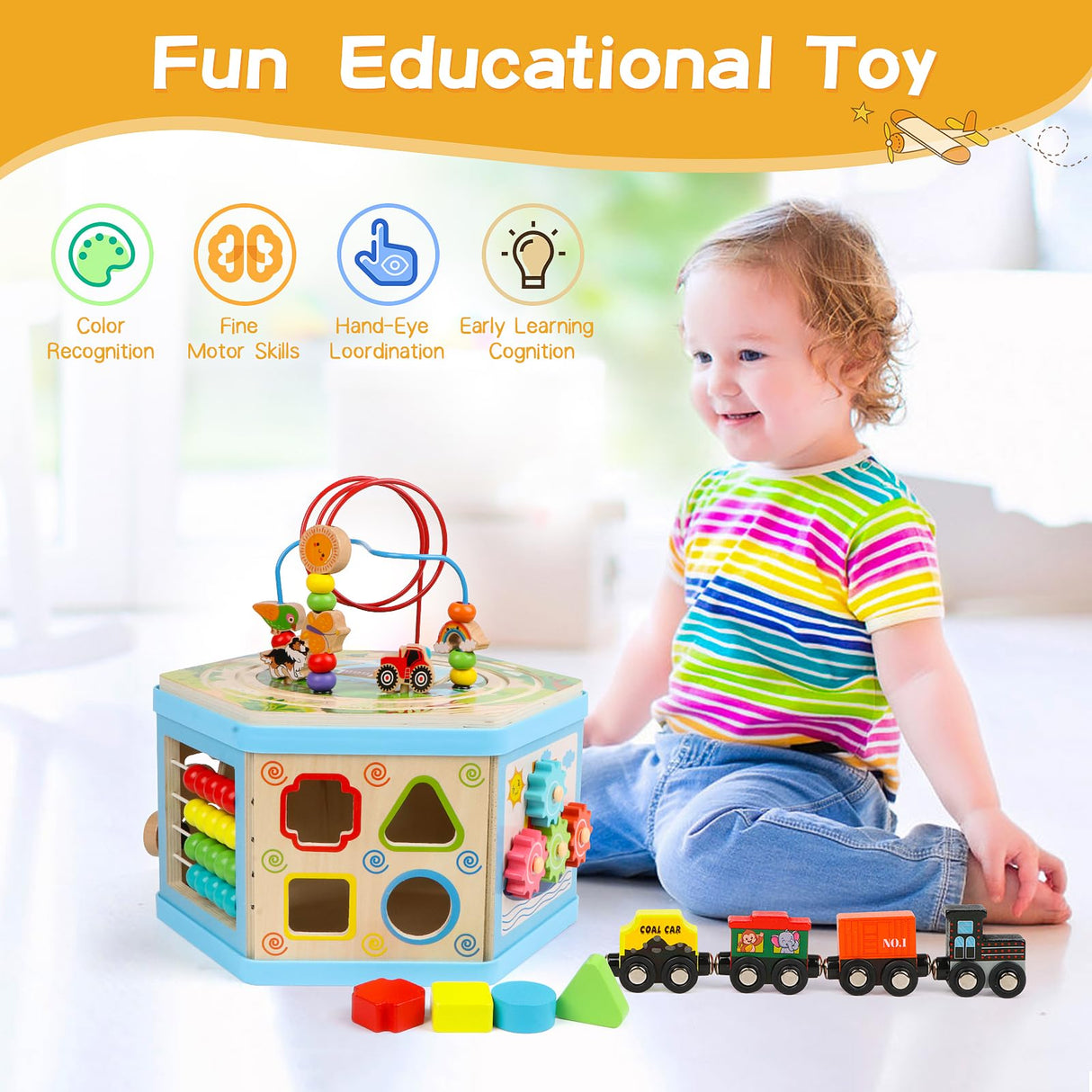 Wooden Activity Cube 9-in-1 Montessori Toys for 1+ Year Old Boys Girls Educational Learning Toys for Toddlers Age 1-2 One Year Old First Birthday Gift Bead Maze Magnetic Trains Track Shape Sorter FOPNETS