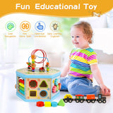 Wooden Activity Cube 9-in-1 Montessori Toys for 1+ Year Old Boys Girls Educational Learning Toys for Toddlers Age 1-2 One Year Old First Birthday Gift Bead Maze Magnetic Trains Track Shape Sorter FOPNETS