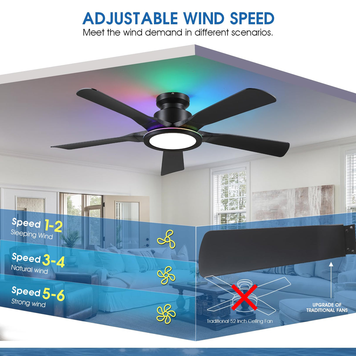 Ceiling Fans with Lights and Remote/APP Control, 52" Low Profile Flush Mount Ceiling Fan with RGB Ring Light & Dimmable, 5 Reversible Curved Blades 3 CCT 6 Speeds for Bedroom Living Room Party, Black Wiviniya