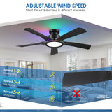 Ceiling Fans with Lights and Remote/APP Control, 52" Low Profile Flush Mount Ceiling Fan with RGB Ring Light & Dimmable, 5 Reversible Curved Blades 3 CCT 6 Speeds for Bedroom Living Room Party, Black Wiviniya