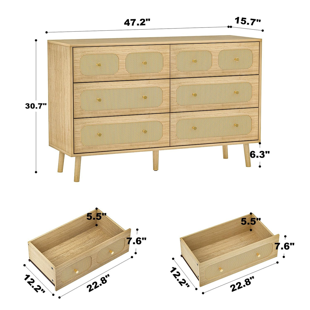 HOUROM Rattan Dresser for Bedroom, Modern 6-Drawer Double Dresser with Gold Handles, Wood Storage Chest of Drawers for Bedroom HOUROM