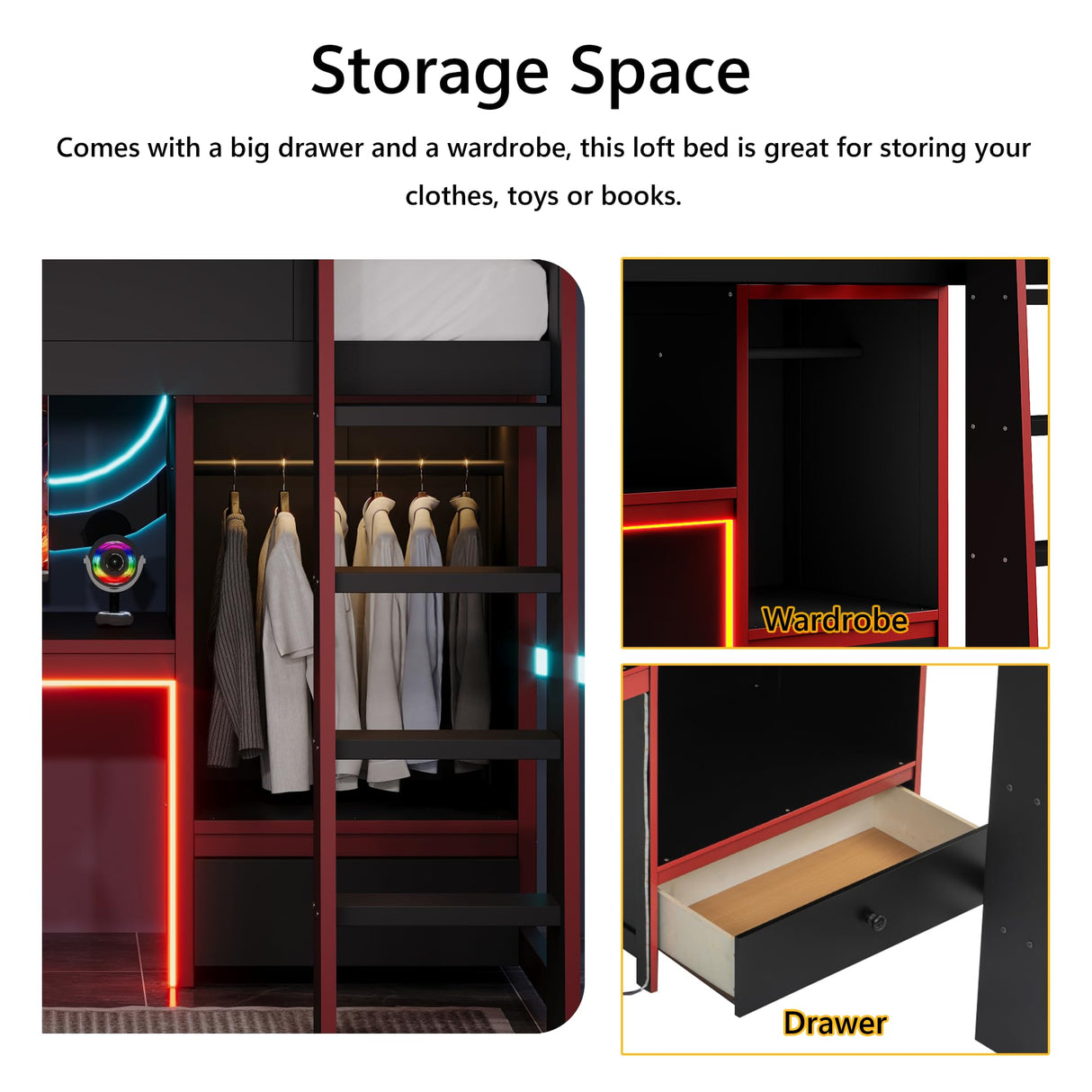 Polibi Twin Size Gaming Loft Bed with Built-in Desk, Wardrobe & LED Lights,Space-Saving Workstation, Storage Drawer,MDF & Pine Wood Frame,No Box Spring Needed,Black Polibi