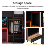 Polibi Twin Size Gaming Loft Bed with Built-in Desk, Wardrobe & LED Lights,Space-Saving Workstation, Storage Drawer,MDF & Pine Wood Frame,No Box Spring Needed,Black Polibi